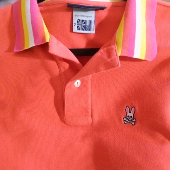 PSYCHO BUNNY | Coral Orange Pima Cotton Striped Collar Bunny Logo Preppy Polo XL - Picture 5 of 10